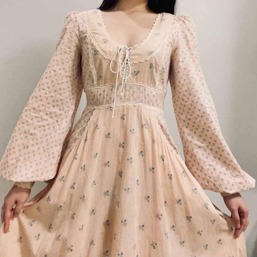 Vintage 70s Gunne Sax Rare Pastel Pink Floral Calico Midi Dress